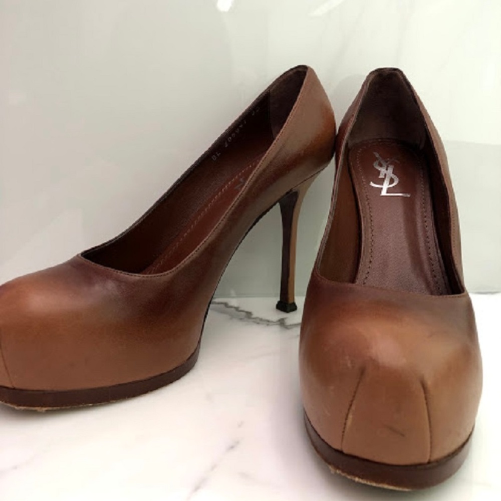 YSL Cognac Tribute Tribtoo Leather Pumps